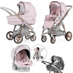 Bebecar Ip-Op Classic XL Trio 3 in 1 Travel System + Lie Flat Car Seat & Raincover, Rose Blush