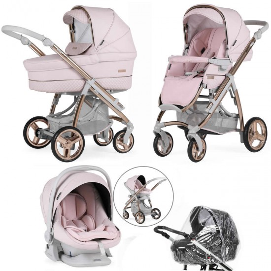 Bebecar Ip-Op Classic XL Trio 3 in 1 Travel System + Lie Flat Car Seat & Raincover, Rose Blush