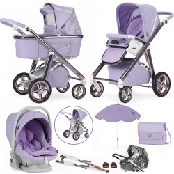 Bebecar Prive Via+ 3 in 1 Travel System + Lie Flat Car Seat + Raincover, LA3 Safety Kit, Bag & Parasol, Diamond Lavender