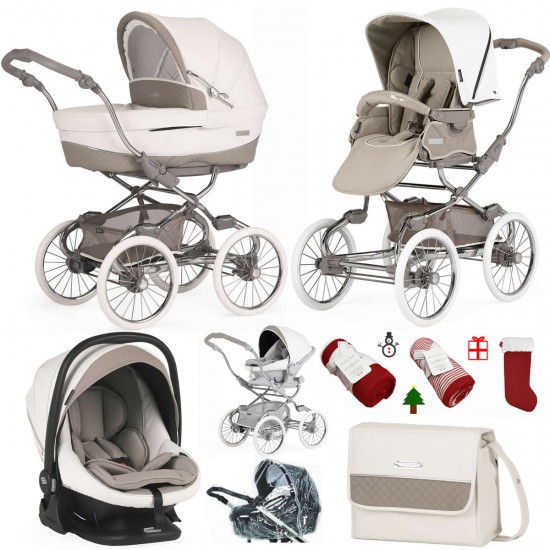 Bebecar Stylo Class+ Pram + Lie Flat Car Seat Travel System, Raincover, FREE Bag & Christmas Gift, Iced Mocha