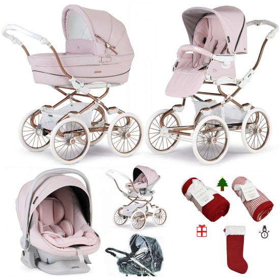 Bebecar Stylo Class+ Pram + Lie Flat Car Seat Travel System, Raincover & FREE Christmas Gift, Rose Pink