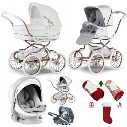 Bebecar Stylo Class+ Pram + Lie Flat Car Seat Travel System, Raincover & FREE Christmas Gift, White Rose