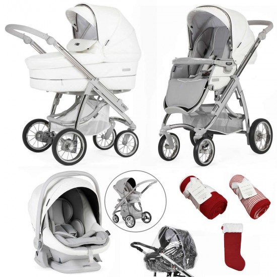 Bebecar Ip-Op Classic XL Trio 3 in 1 Travel System + Lie Flat Car Seat & FREE Christmas Gift, White Delight