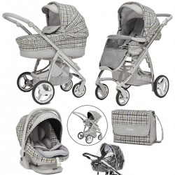 Bebecar Prive Ip-Op XL Trio 3 in 1 Travel System + Lie Flat Car Seat, Raincover & Bag, Grey / Black Check