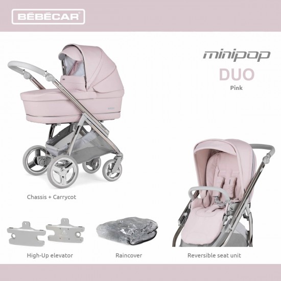 Bebecar Minipop Duo 2 in 1 Pram + Raincover & FREE Bag, Pink