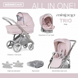 Bebecar Minipop Trio 3 in 1 Travel System + Lie Flat Car Seat & FREE Bag, Pink