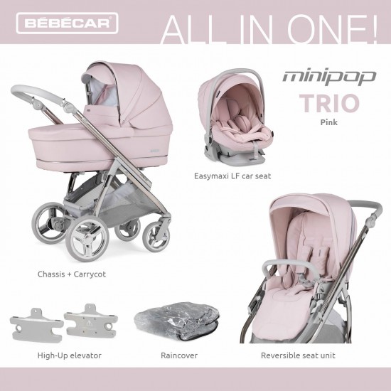 Bebecar Minipop Trio 3 in 1 Travel System + Lie Flat Car Seat & FREE Bag, Pink