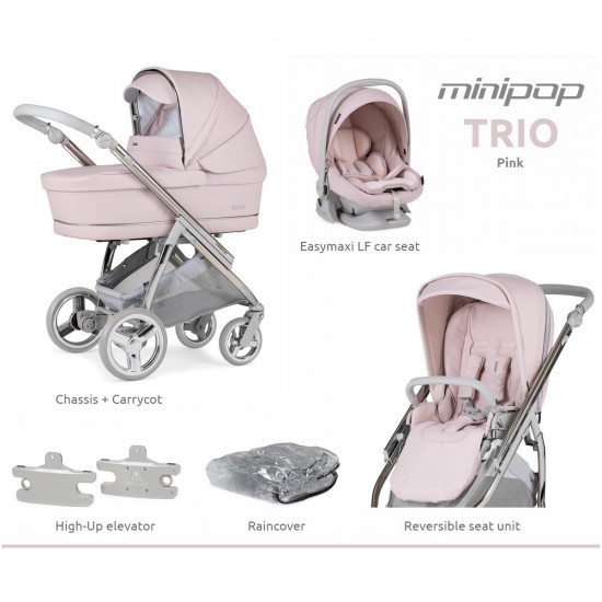 Bebecar Minipop Trio 3 in 1 Travel System + Lie Flat Car Seat & FREE Bag, Pink