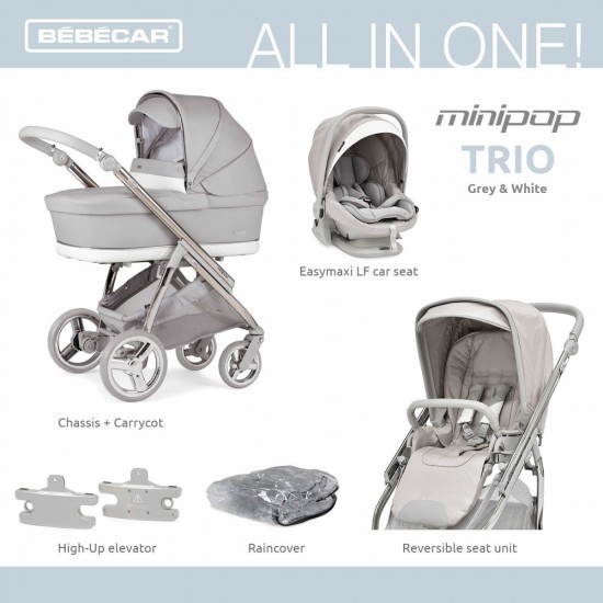 Bebecar Minipop Trio 3 in 1 Travel System + Lie Flat Car Seat & FREE Bag, Silver Grey