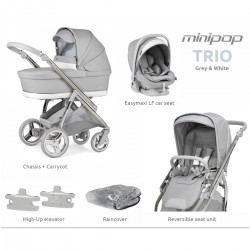 Bebecar Minipop Trio 3 in 1 Travel System + Lie Flat Car Seat & FREE Bag, Silver Grey