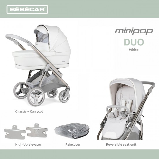 Bebecar Minipop Duo 2 in 1 Pram + Raincover & FREE Bag, White Delight