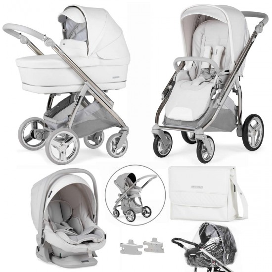 Bebecar Minipop Trio 3 in 1 Travel System + Lie Flat Car Seat & FREE Bag, White Delight