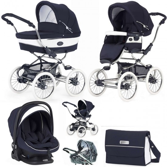 Bebecar Stylo Class+ Classic Pram + Lie Flat Car Seat Travel System & FREE Bag, Oxford Blue