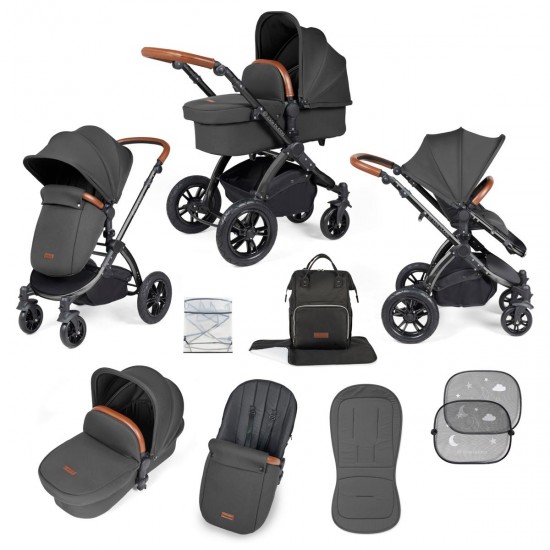 Ickle Bubba Stomp Luxe 2 in 1 Pram Bundle, Charcoal Grey / Black