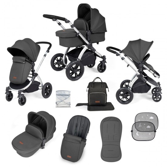 Ickle Bubba Stomp Luxe 2 in 1 Pram Bundle, Charcoal Grey / Silver