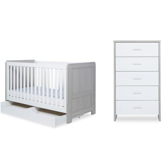 Ickle Bubba Pembrey Cot Bed, Under Drawer and Tall Chest, Ash Grey & White