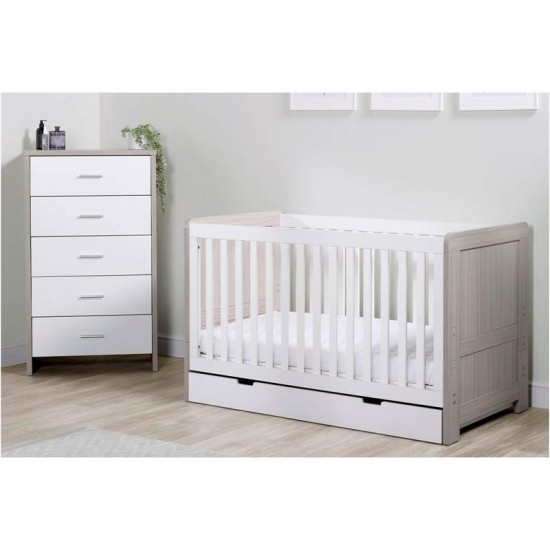 Ickle Bubba Pembrey Cot Bed, Under Drawer and Tall Chest, Ash Grey & White