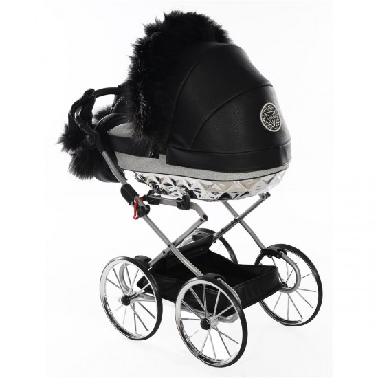 Junama Handcraft Glitter Dolls Pram, Black Silver