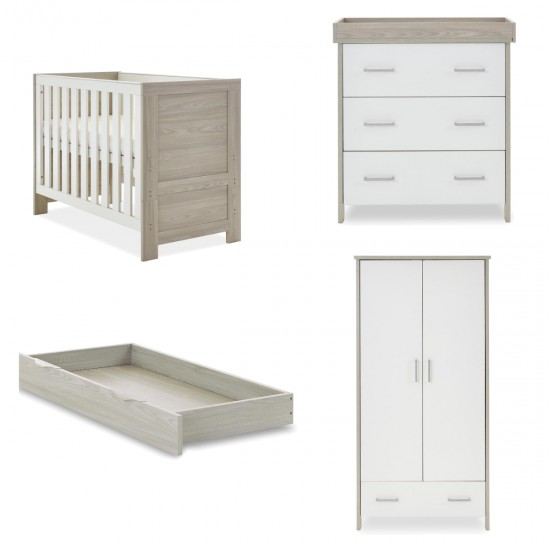 Obaby Nika Mini Cot Bed 3 Piece Room Set + Under Drawer, Grey Wash & White