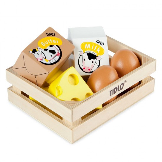 Tidlo Wooden Eggs & Dairy Play Food Crate