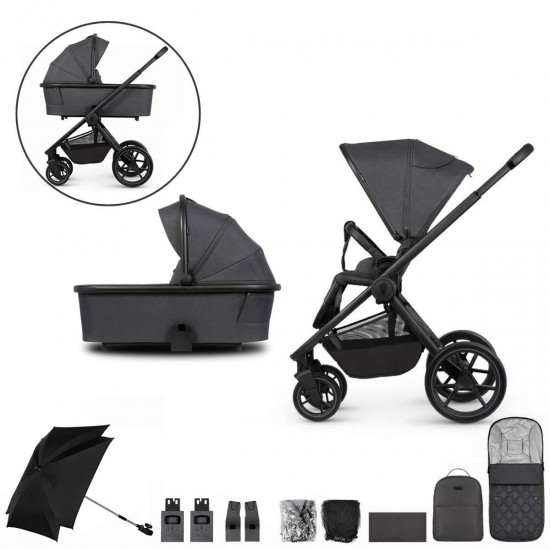 Venicci Tinum Edge 2 in 1 Pram Bundle + Parasol & Height Adjuster, Charcoal