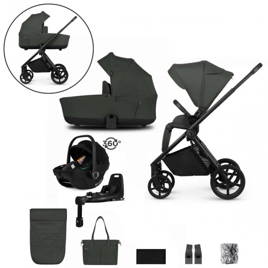 Venicci Claro 3 in 1 with Tiago 360 Car Seat + Base Complete Travel System Bundle, Forest