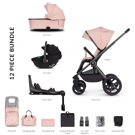 Venicci Upline 3 in 1 with Tiago 360 Car Seat + Base Complete Travel System Bundle + FREE Height Adjusters, Misty Rose