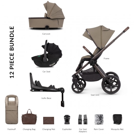 Venicci Upline SE 3 in 1 with Tiago 360 Car Seat + Base Complete Travel System Bundle + FREE Height Adjusters, Powder