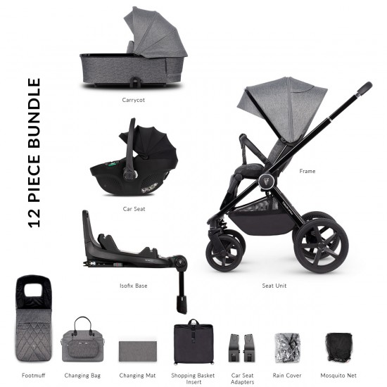 Venicci Upline 3 in 1 with Tiago 360 Car Seat + Base Complete Travel System Bundle + FREE Height Adjusters, Slate Grey