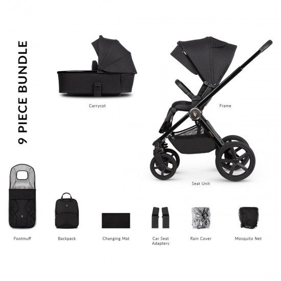 Venicci Upline 2 - 2 in 1 Pram - 9 Piece Bundle, All Black