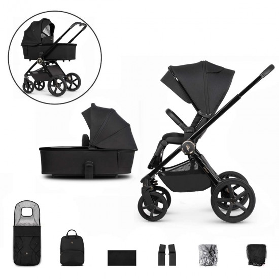 Venicci Upline 2 - 2 in 1 Pram - 9 Piece Bundle, All Black