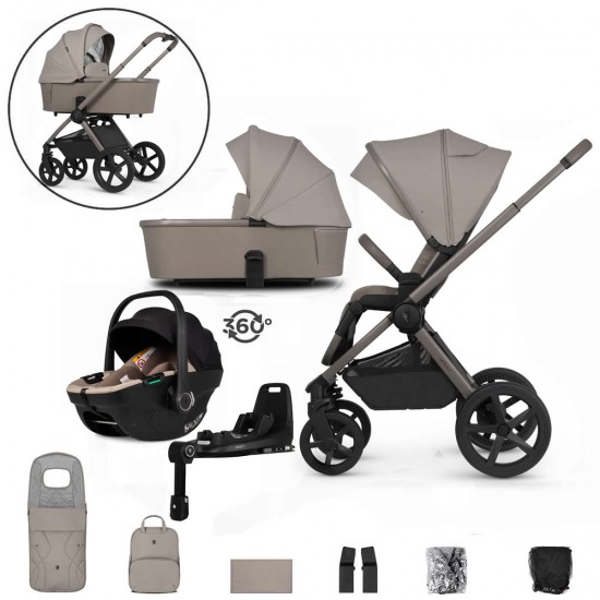 Venicci Upline 2 - 3 in 1 + Base Complete Travel System Bundle, Taupe